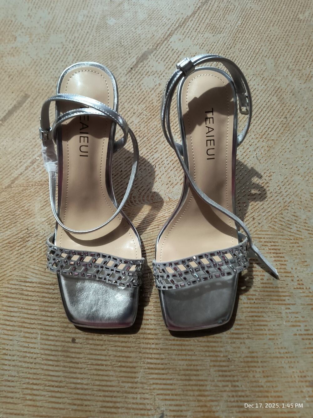 Women Silver Ankle Strap High Heel Square Open Toe Rhinestone Wedding Shoe 8.5